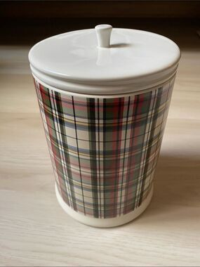 Pottery Barn Cream Plaid Decorative Ceramic Canister
